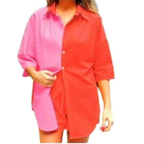 Color block drop shoulder button down top sz XL - Picture 1 of 12